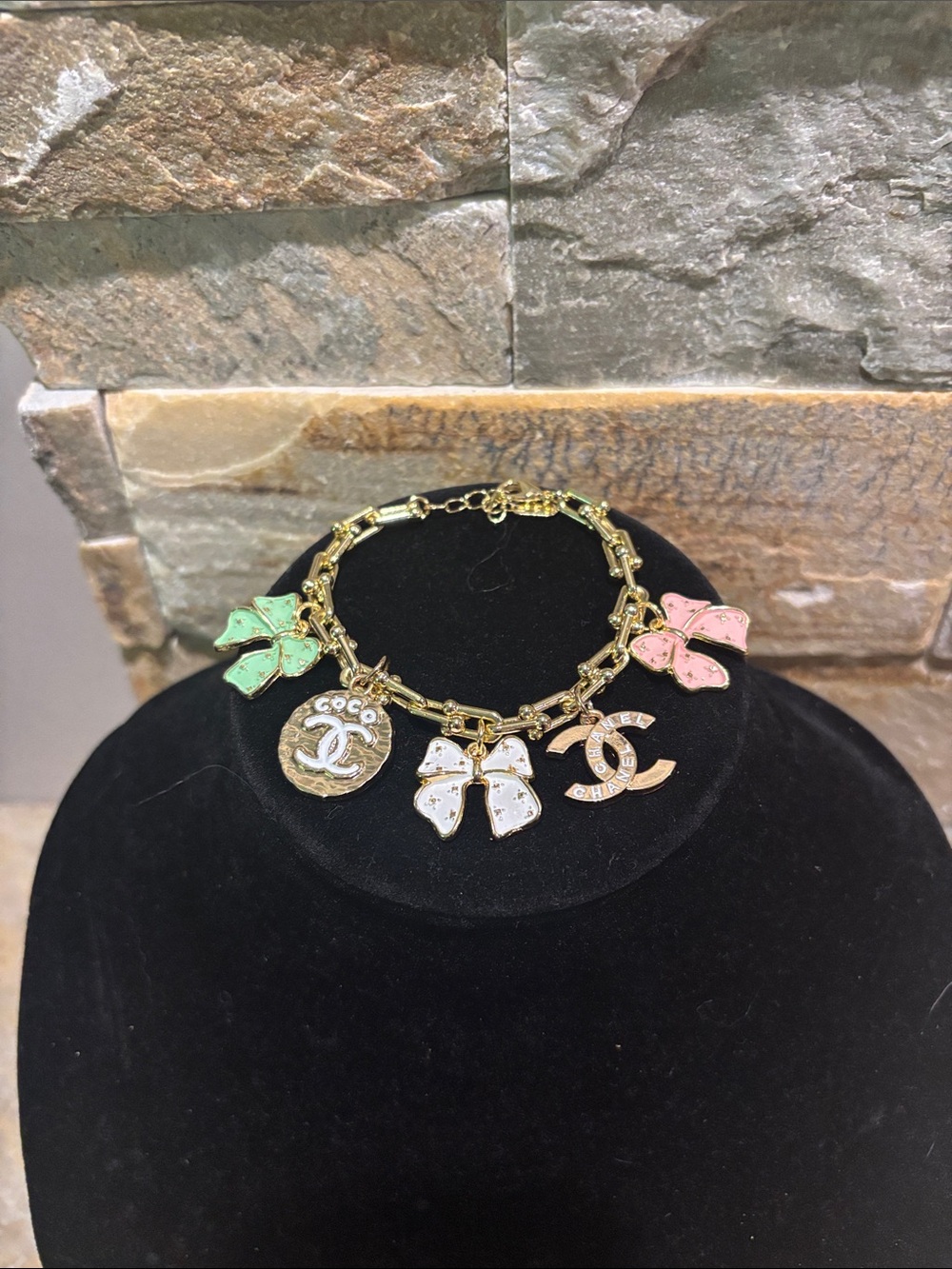 Gold-Tone CC Charm Bracelet with Green, Pink, and White Bows